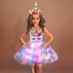 שמלת טוטו חד קרן לבנות LED מוארת תחפושת לפורים תלבושת מסיבות עם קשת יוניקורן לראש