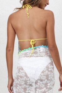 Contrast color crochet halter-neck tied tassel cover-ups vest(only vest)