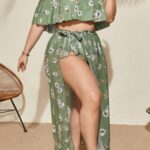 Plus size floral batch printing padded ruffle tied three-piece swimwear