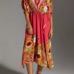 Allover floral printing slight stretch v-neck tied bohemia beach dress cover-ups