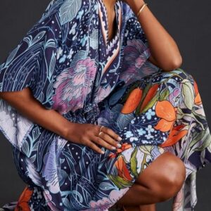 Multicolor floral printed slight stretch tied bohemia beach dress cover-ups