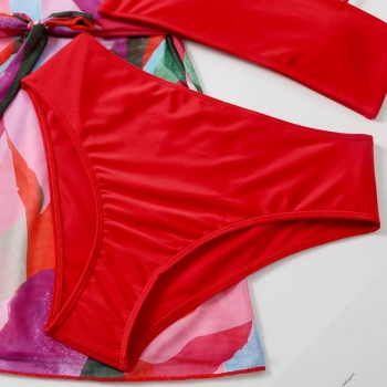 Padded barch printing three-piece swimsuit with belt
