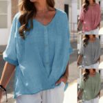 Summer V-Neck Buttoned Cotton Shirts 32074