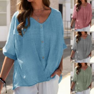 Summer V-Neck Buttoned Cotton Shirts 32074