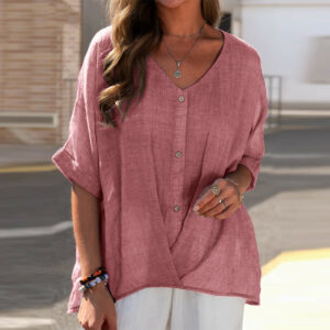 Summer V-Neck Buttoned Cotton Shirts 32074