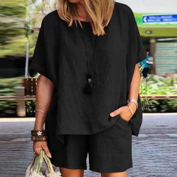 Women's Solid Summer Outfits Short-Sleeve Shirt & Shorts Casual 2-Piece 33003