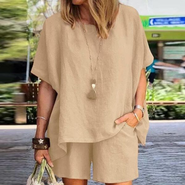 Women's Solid Summer Outfits Short-Sleeve Shirt & Shorts Casual 2-Piece 33003