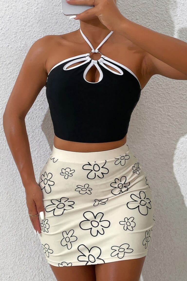 3-Piece Flower Printing Stitching Halter-Neck Cup-Padded Swimsuits swimwear cover-ups woman clothes_BA007658_1