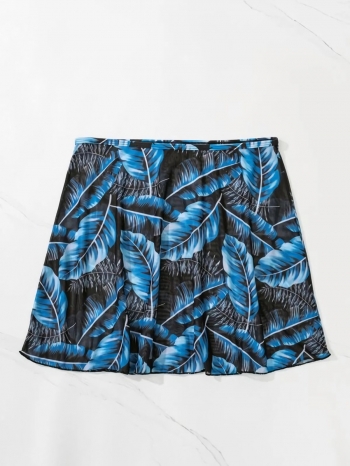 Cup-Padded Ruffle Trim One-Piece Swimsuit &Amp Leaf Printing Mini Skirt